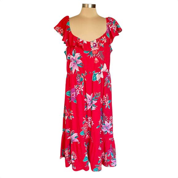Old Navy Tiered Midi Dress Red Floral Tropical Print XL Sweetheart Neck Summer - Picture 1 of 7
